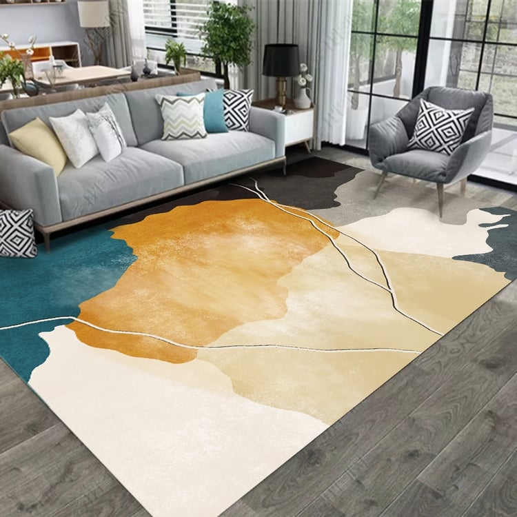 Area Rug Modern Ink Wash Design Navy Blue Cream Painterly Style