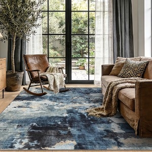 Area Rug Modern Mottled Gray Tones Low Pile Thin Profile Blue Accents