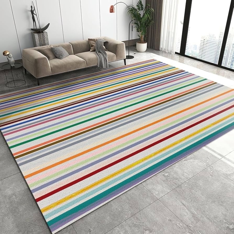 Area Rug Modern Multicolor Printed Stripe Low Pile Design