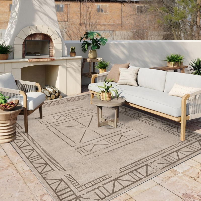 Area Rug Modern Scandinavian Geometric Print Washable Look Beige