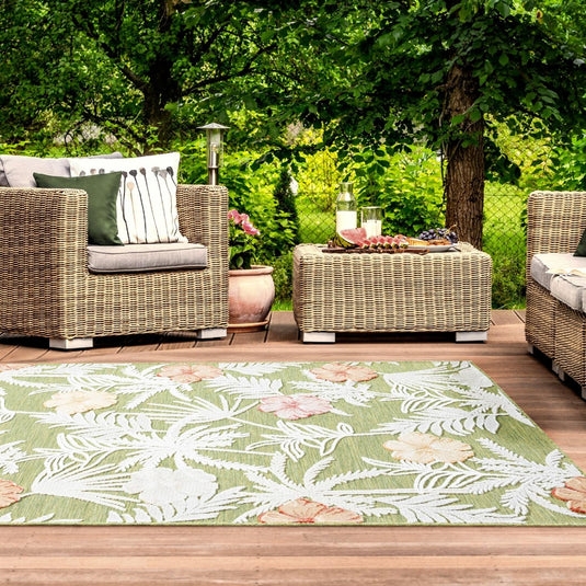 Area Rug Monochromatic Botanical Charcoal Gray Low Pile Outdoor Carpet