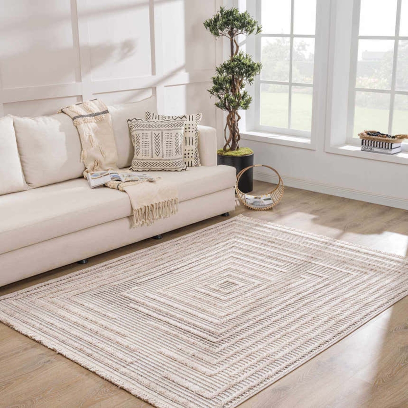 Area Rug Monochromatic Geometric High Low Pile Scandinavian Style