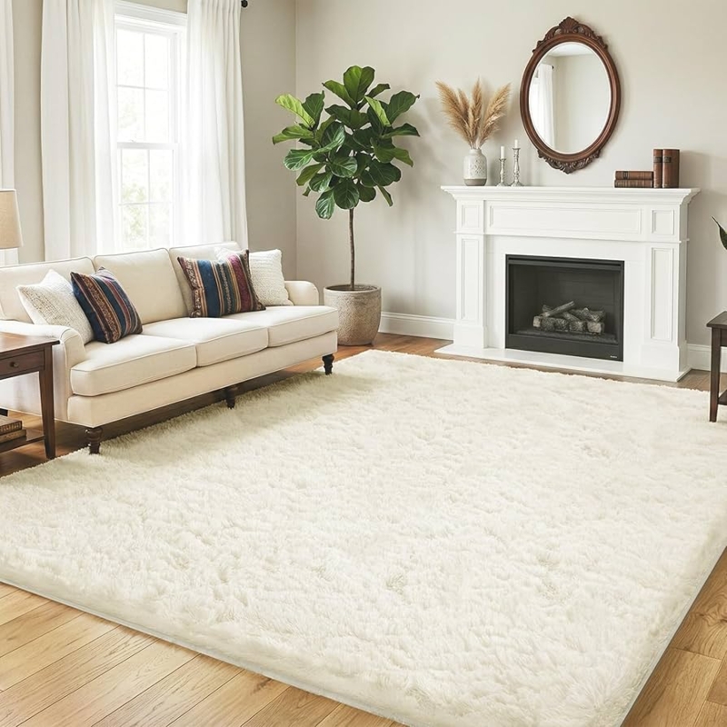 Area Rug: Monochromatic Japandi Style Cream Shag High Pile