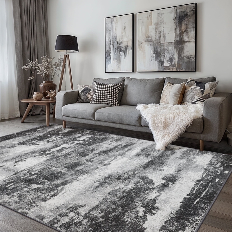 Area Rug Monochrome Abstract Lines, Black & White Minimalist