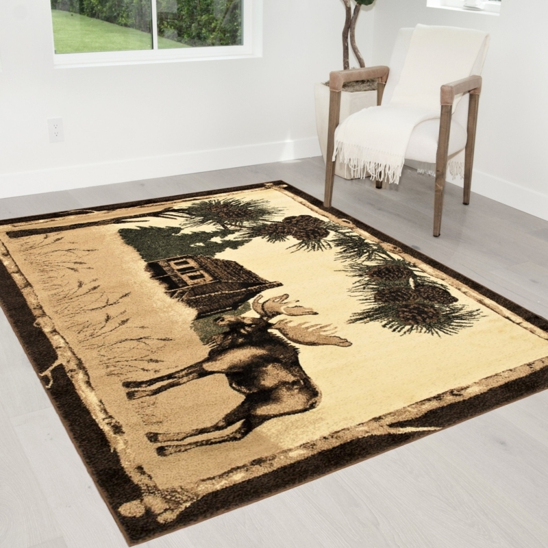 Area Rug Moose And Bear Motifs Pinecone Border Cabin Style