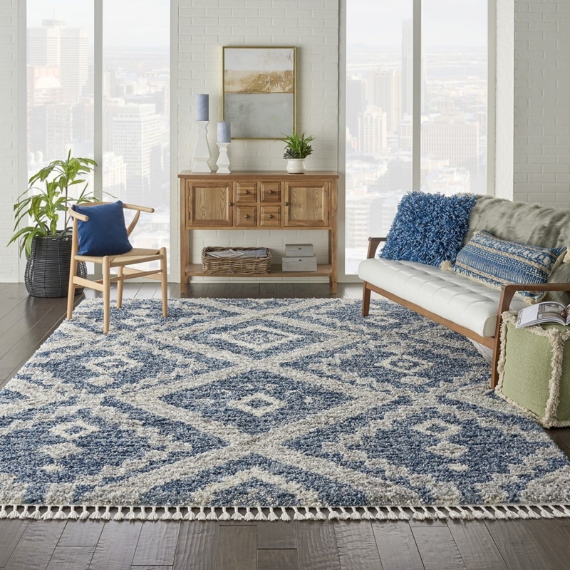 Area Rug Moroccan Shag Cream with Charcoal Diamond Lattice Pattern