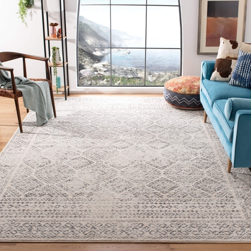 Area Rug Moroccan Trellis Distressed Ivory Grey Boho Chic Transitional