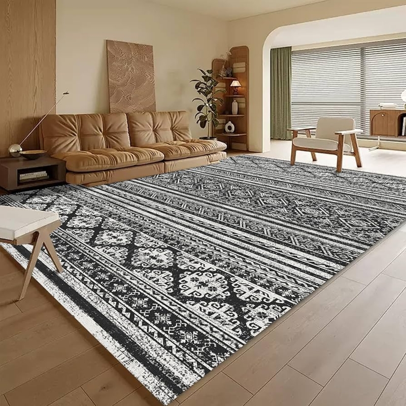 Area Rug Moroccan Trellis High Contrast Cream Black Washable Boho
