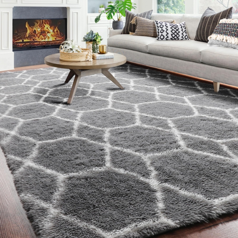 Area Rug Moroccan Trellis Shaggy Texture Cozy Grey