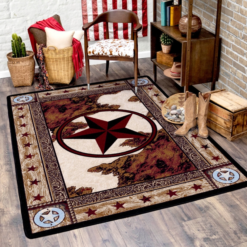 Area Rug Mottled Brown Pattern Cowhide Silhouette Leather Like Rug