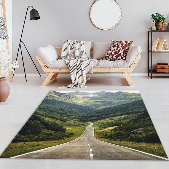 Area Rug Mountain Road Graphic Photorealistic Modern Green