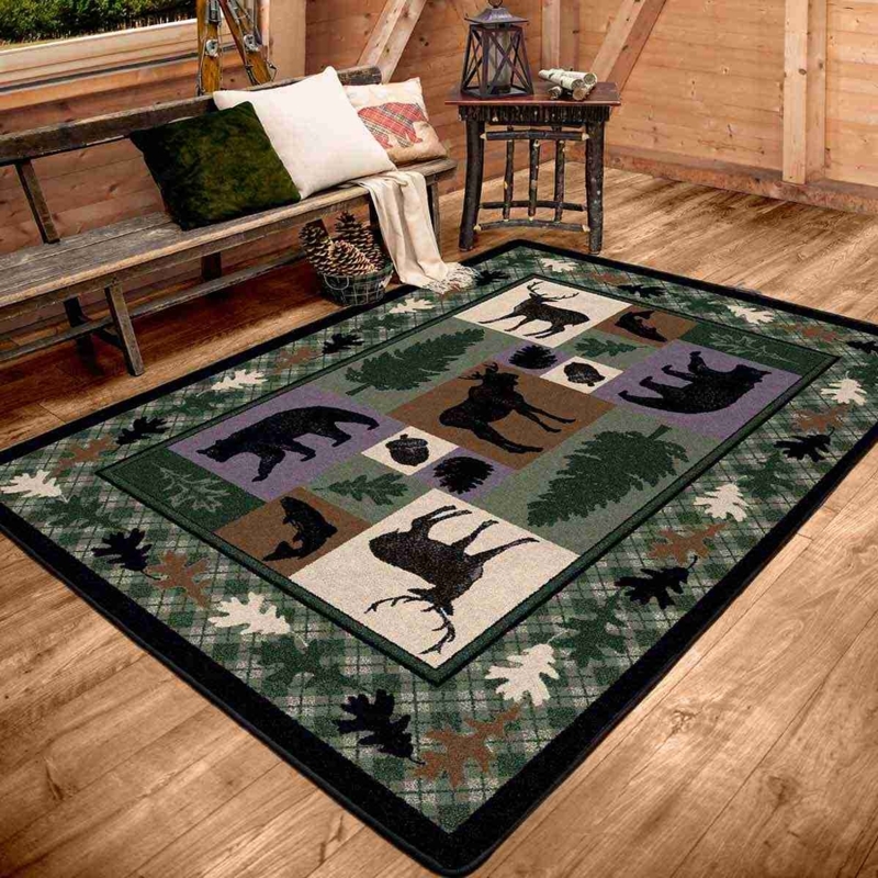 Area Rug Mountain Scenery Pattern Wildlife Border Tan Forest Green