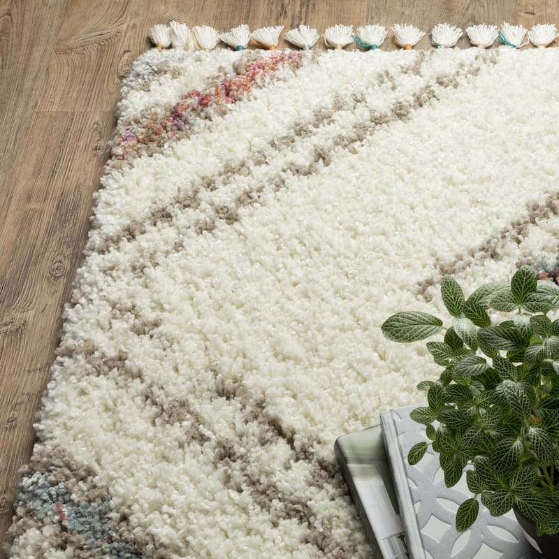 Area Rug Multi Colored Diamond Pattern Braided Tassel Fringe Shag Boho