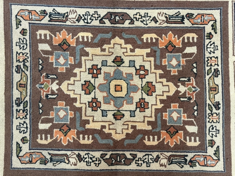 Area Rug Multi Panel Grid Botanical Vintage Hand Hooked Earthy