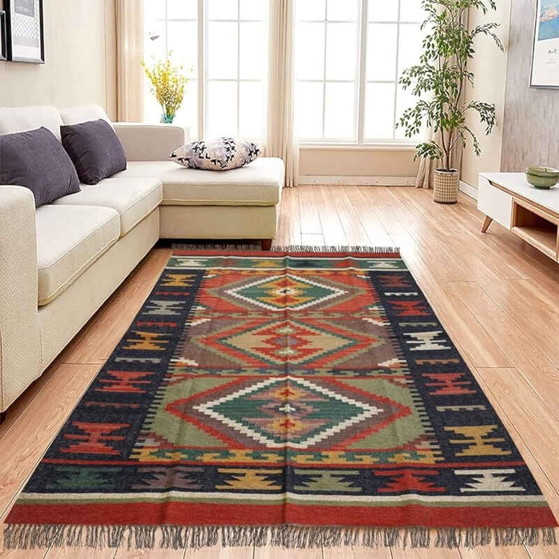 Area Rug Multicolor Braided Jute Recycled Fabric Bohemian Rustic