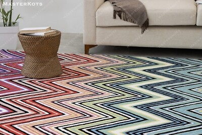 Area Rug Multicolored Chevron Hand Tufted Wool Bold Geometric Modern