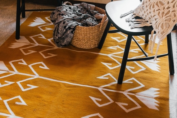 Area Rug Mustard Yellow Floral Kilim Scandinavian Boho Chic Wool Rug