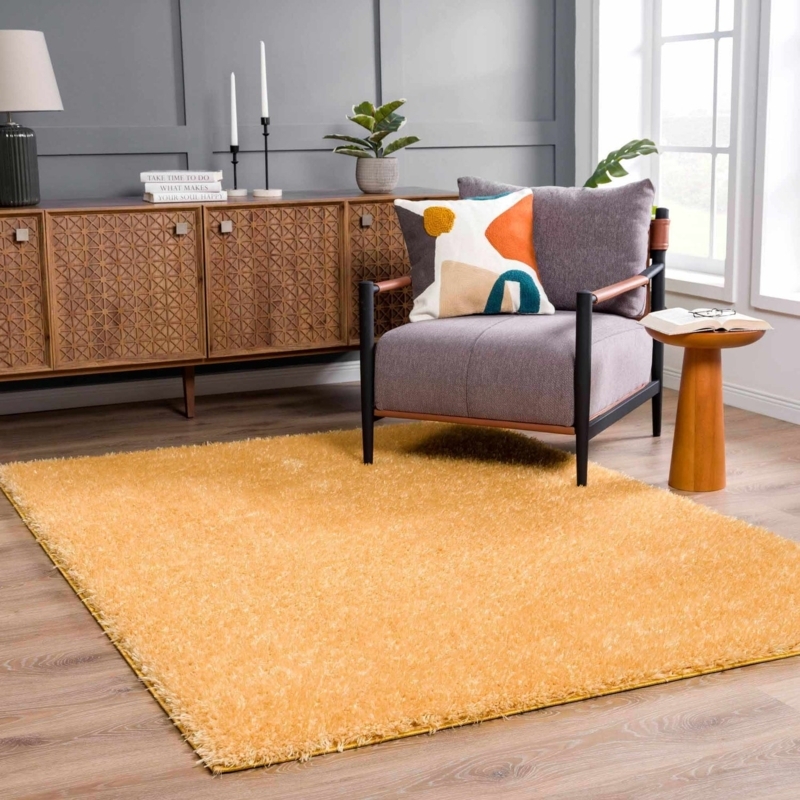 Area Rug Mustard Yellow Hue Solid Thick Shag Bohemian Cozy Living Room