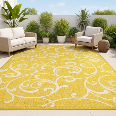 Area Rug Mustard Yellow Scroll Pattern Traditional Woven
