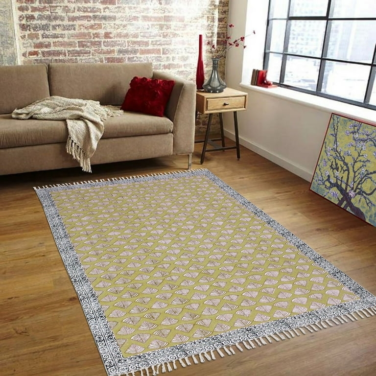 Area Rug Mustard Yellow Square Block Print Tasseled Fringe Artisanal