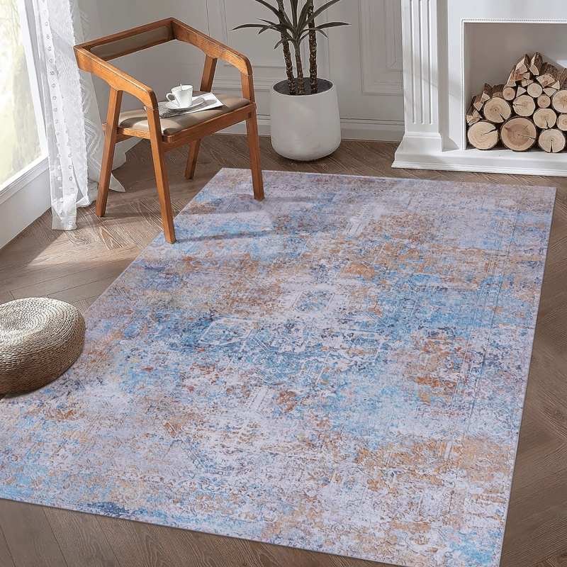 Area Rug Muted Blue Faded Oriental Pattern Low Profile Transitional Decor