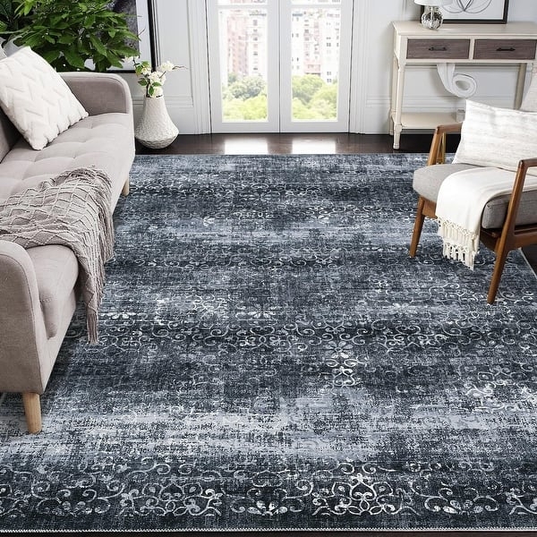 Area Rug Muted Blue Palette Distressed Medallion Transitional Decor