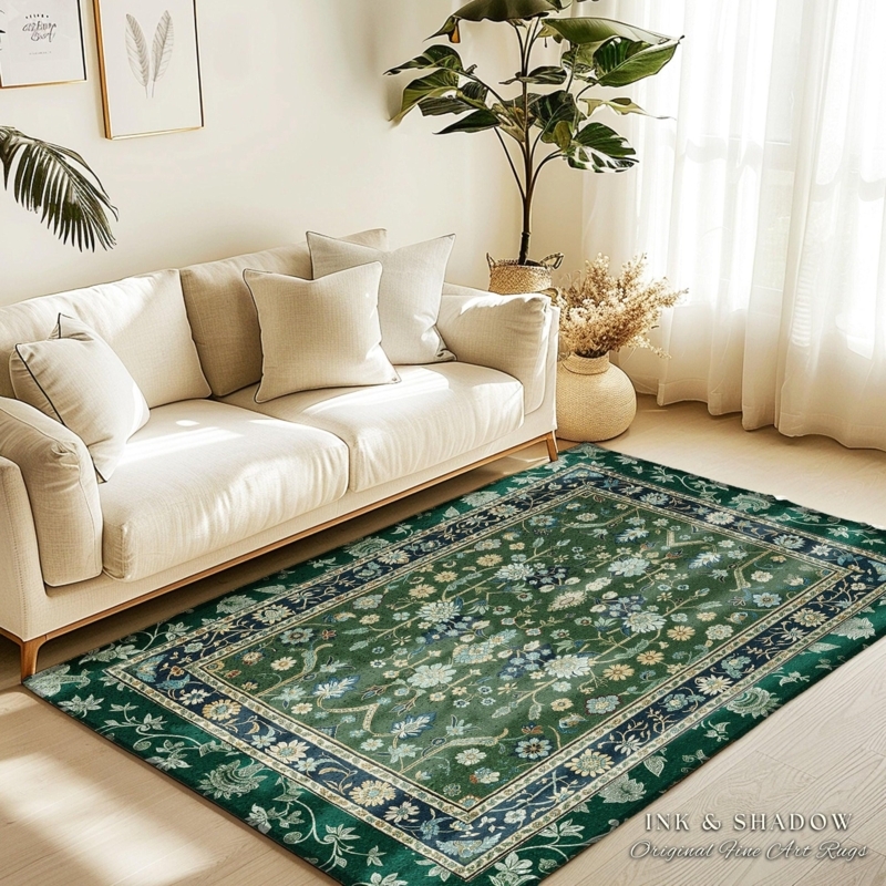 Area Rug Muted Green Botanical Floral Cottagecore Aesthetic