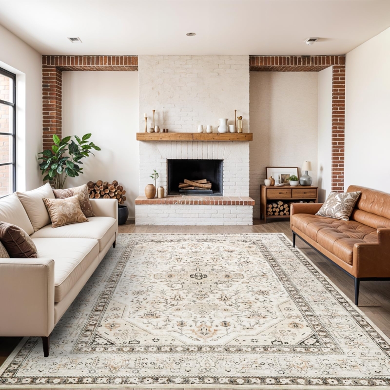 Area Rug Muted Oriental Floral Pattern Washable Low Pile Transitional