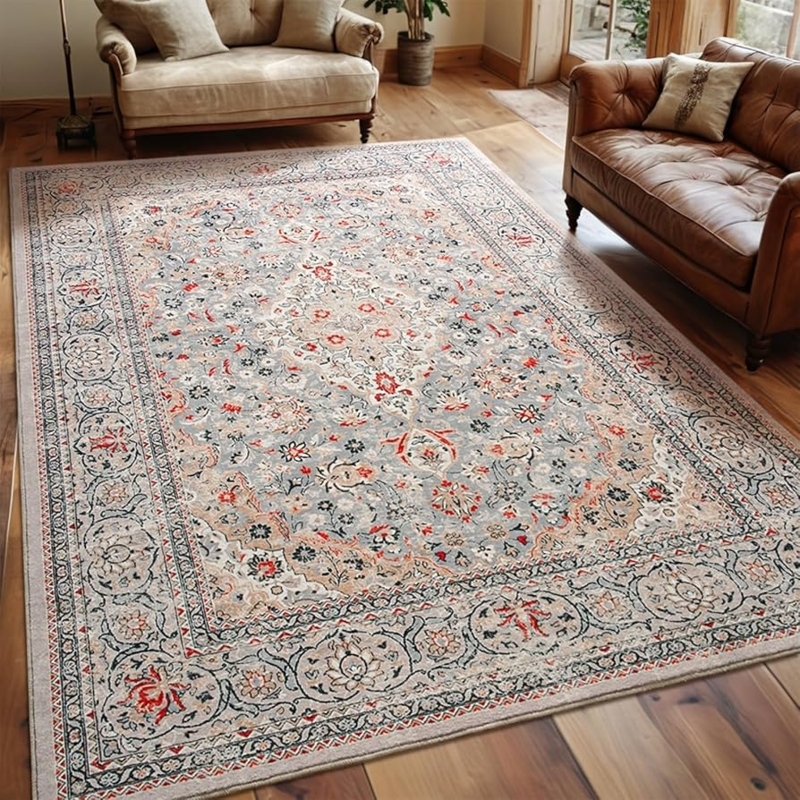 Area Rug Muted Vintage Medallion Pattern Beige Blue Low Pile