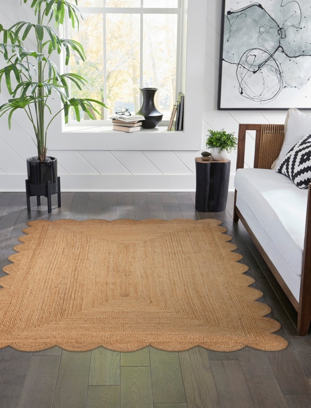 Area Rug Natural Fiber Look Scalloped Edge Woven Border Organic