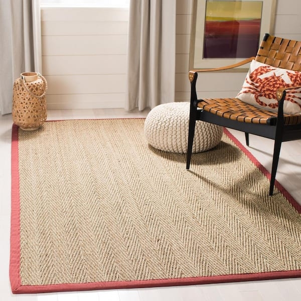 Area Rug, Natural Fiber with Red Border, Chunky Weave, Coastal Style