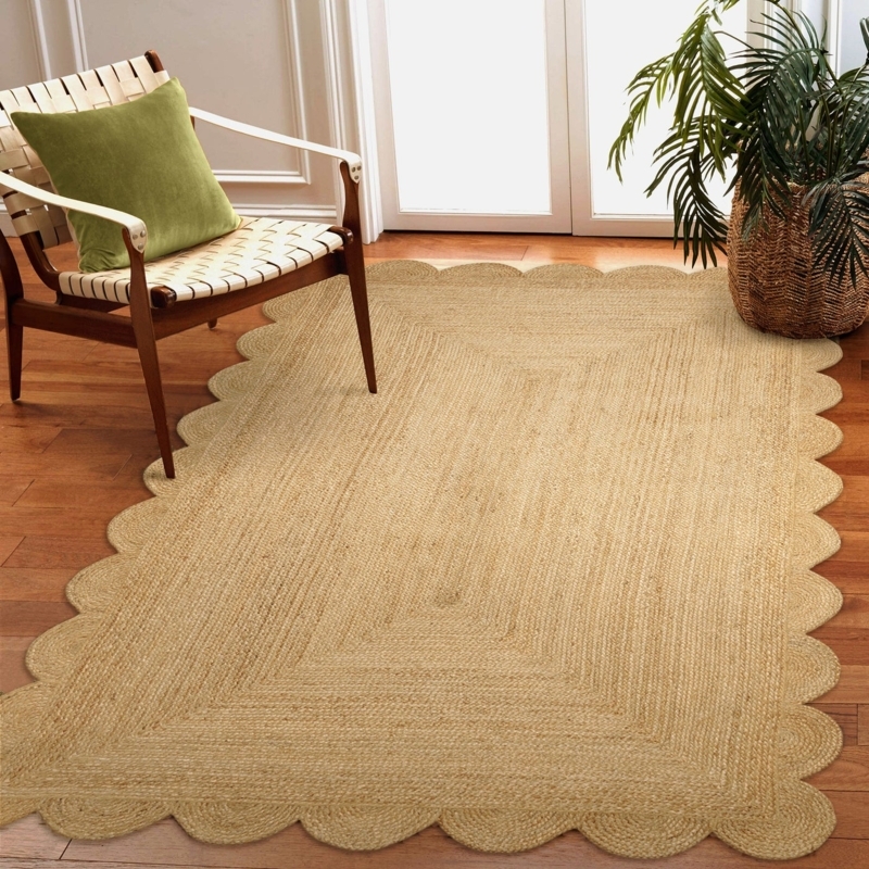 Area Rug Natural Fiber Woven Texture Scalloped Edge Coastal
