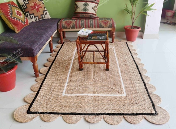 Area Rug Natural Jute Scalloped Border Green Trim Cottagecore