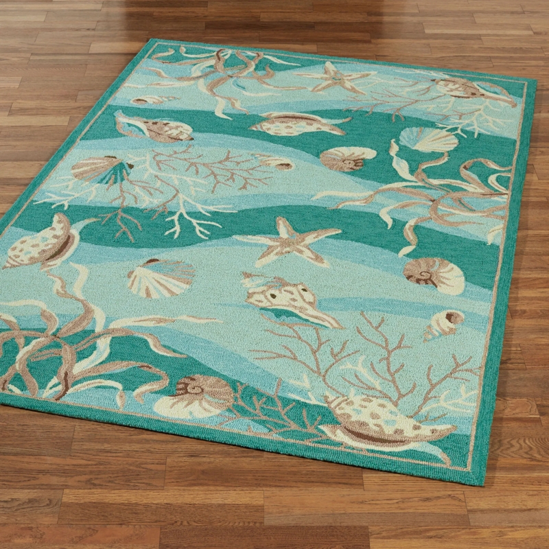 Area Rug, Nautical Coastal Seashell Motif, Sand & Blue Tones