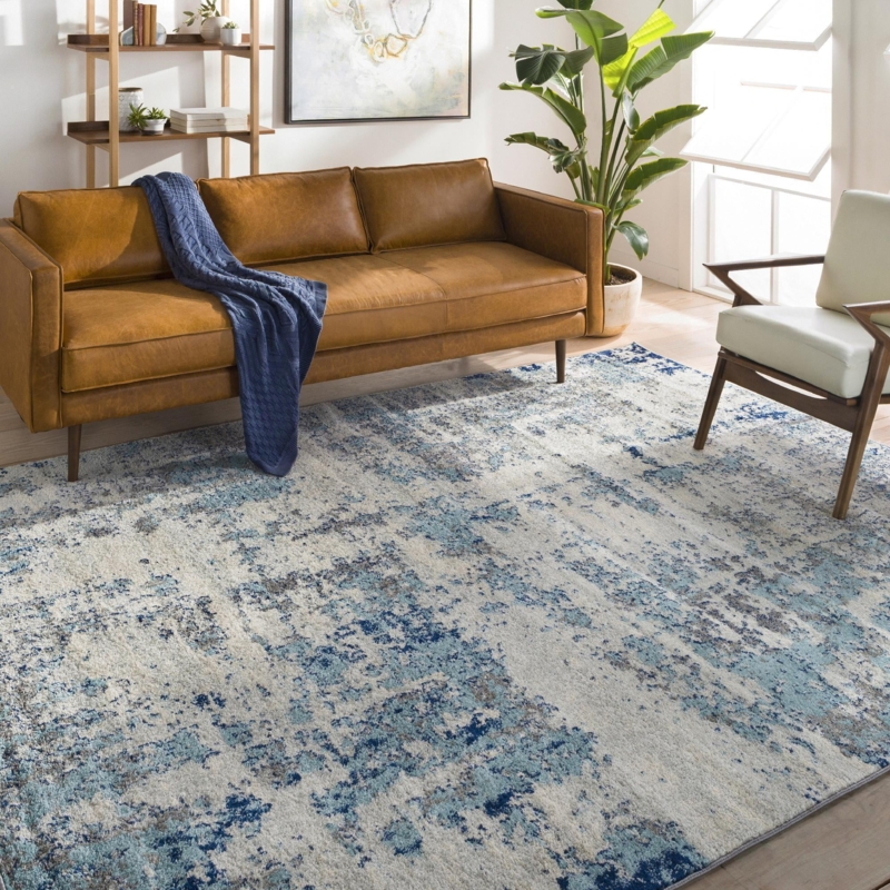 Area Rug Navy Aqua Palette Distressed Finish Transitional Style