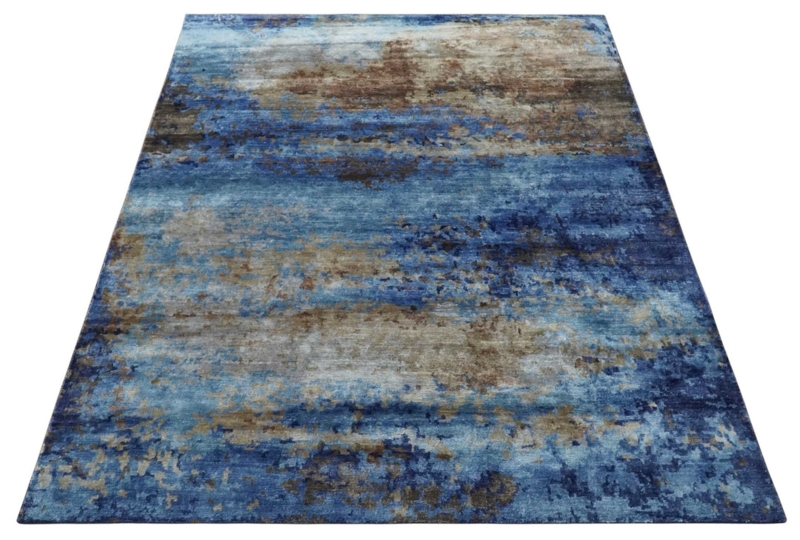 Area Rug Navy Beige Contrast Fluid Watercolor Contemporary Floor Decor