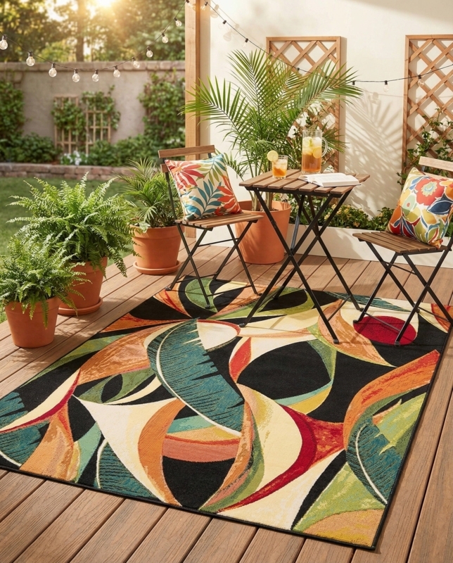 Area Rug Navy Blue Background Multicolor Botanical Outdoor Patio Decor