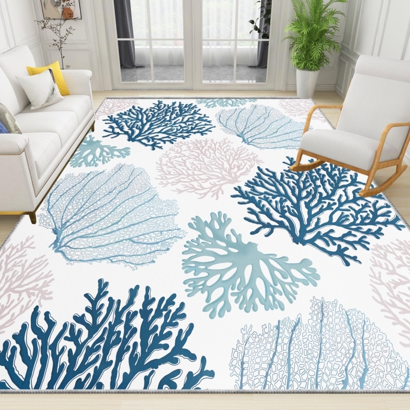 Area Rug: Navy Blue Coral Pattern, Coastal Living Room Idea