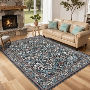 Area Rug Navy Blue Floral Oversized Blooms Contemporary Low Pile