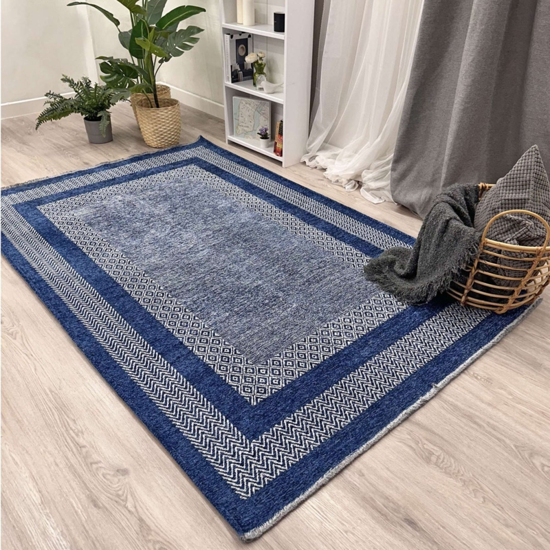 Area Rug Navy Blue Geometric Trellis With Fringed Edges Low Pile