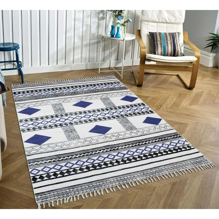 Area Rug Navy Blue Handblock Printed Mandala Motif Cotton Dhurrie