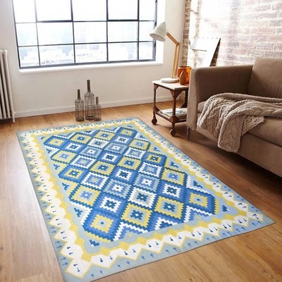 Area Rug Navy Blue Mustard Yellow Tribal Pattern Fringed Dhurrie