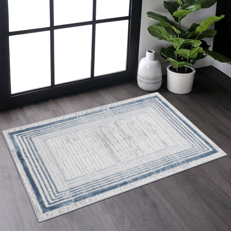 Area Rug Navy Blue Traditional Floral Cream Border Accent