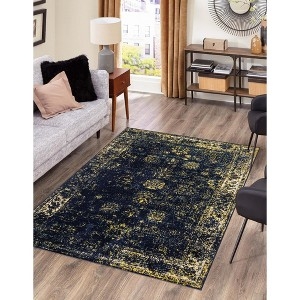 Area Rug, Navy Blue Traditional Medallion, Distressed Finish Low Pile