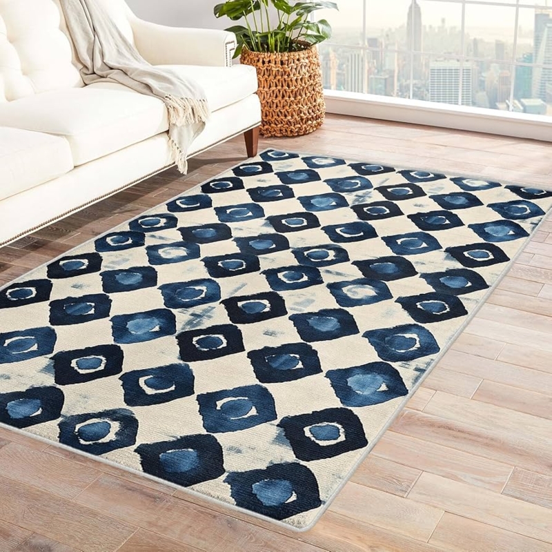 Area Rug Navy Blue Watercolor Ikat Large Format Low Pile