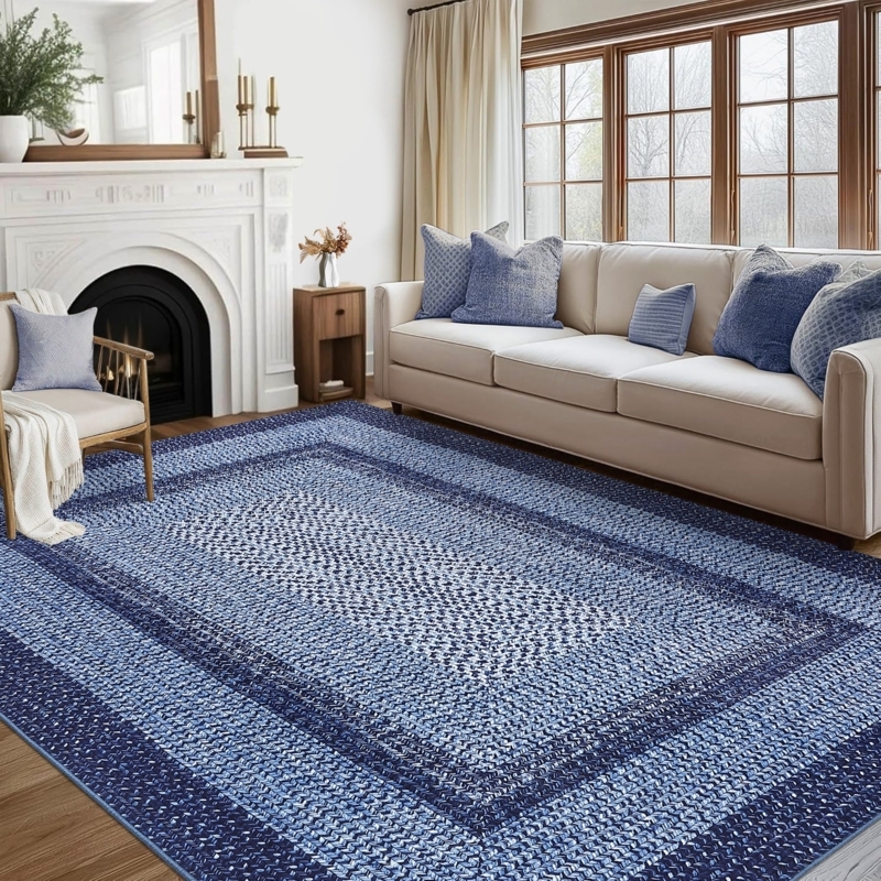 Area Rug Navy Bordered Distressed Vintage Floral Print Washable