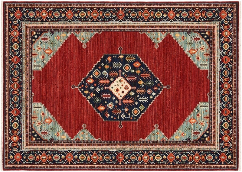 Area Rug Navy Bordered Motifs Red Ground Intricate Classic Oriental