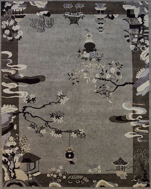 Area Rug Navy Chinese Art Deco Asymmetric Corner Design Cream Border