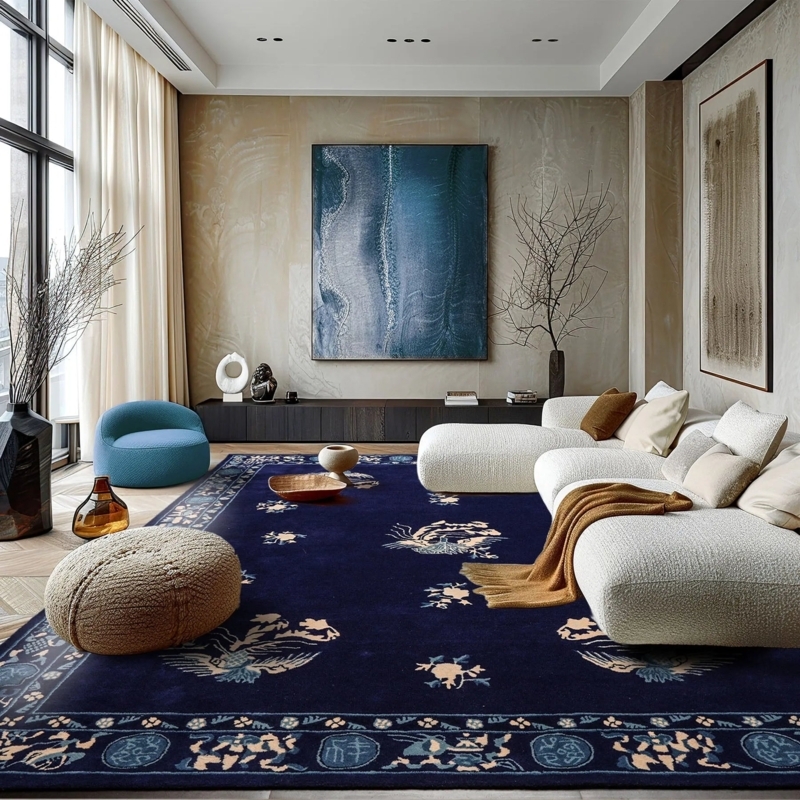 Area Rug Navy Chinese Art Deco Pictorial Hand Tufted Wool Pile