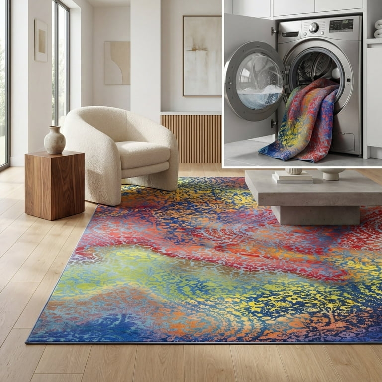 Area Rug Navy Coral Painterly Effect Abstract Floral Bohemian